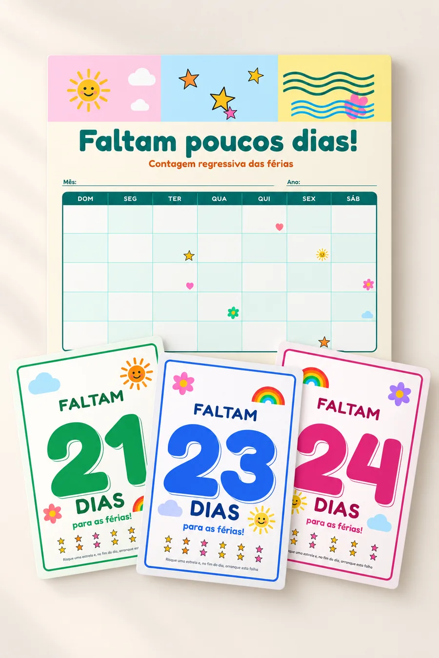 Capa do PDF do mural de contagem regressiva das férias, com sol sorridente, calendário e mala de viagem
