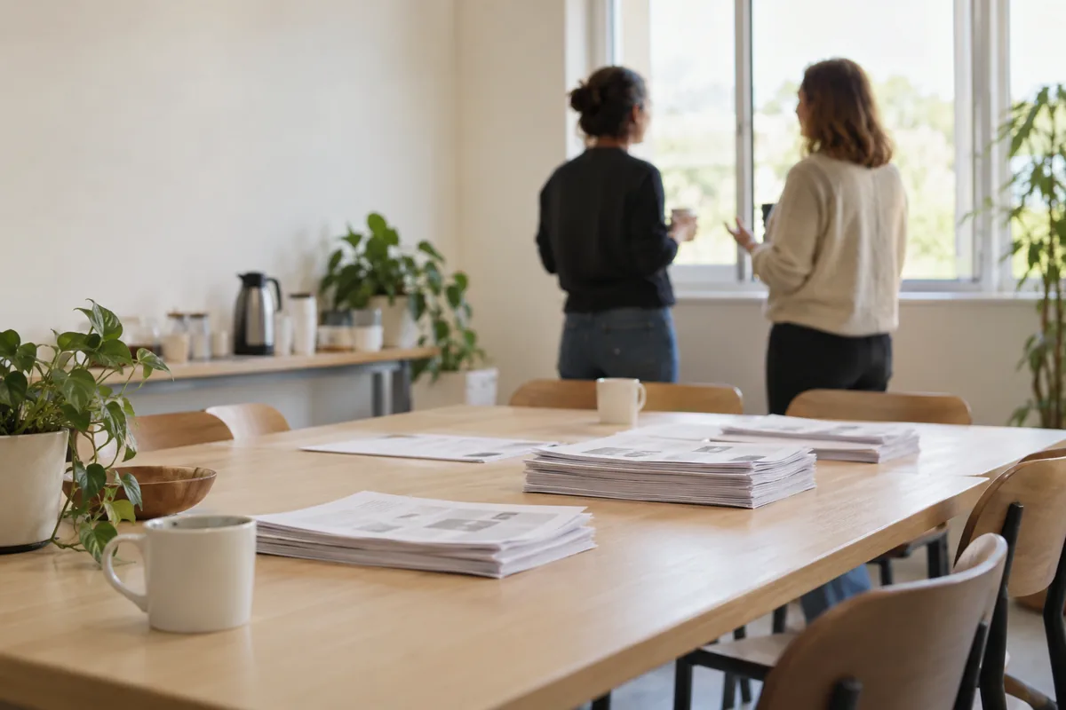 Sala dos professores com mesa comprida, canecas e pilhas de provas, e duas pessoas de costas conversando perto da janela. Imagem ilustrativa
