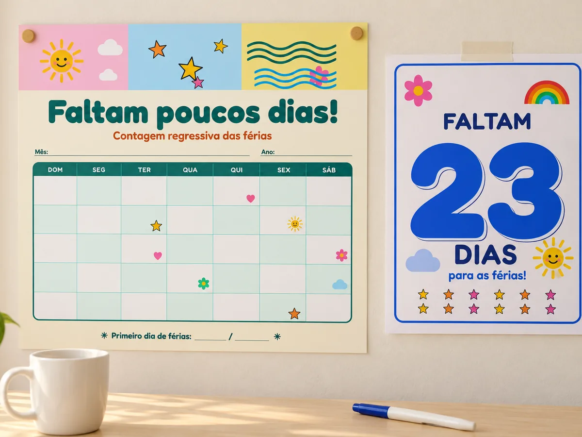 Mural de contagem regressiva das férias colado na parede de uma sala dos professores, ao lado da máquina de café