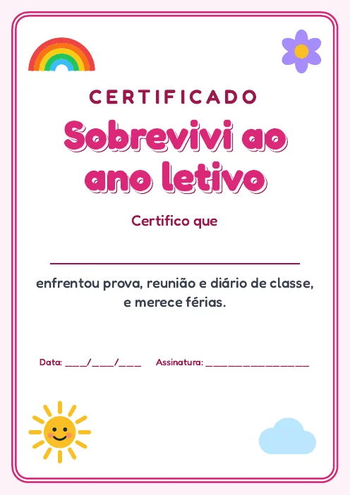 Página real do PDF Faltam Poucos Dias: certificado “Sobrevivi ao ano letivo”, com nome, data e assinatura