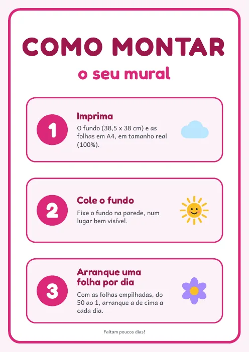 Página real do PDF Faltam Poucos Dias: folha “Como montar o seu mural”, em 3 passos