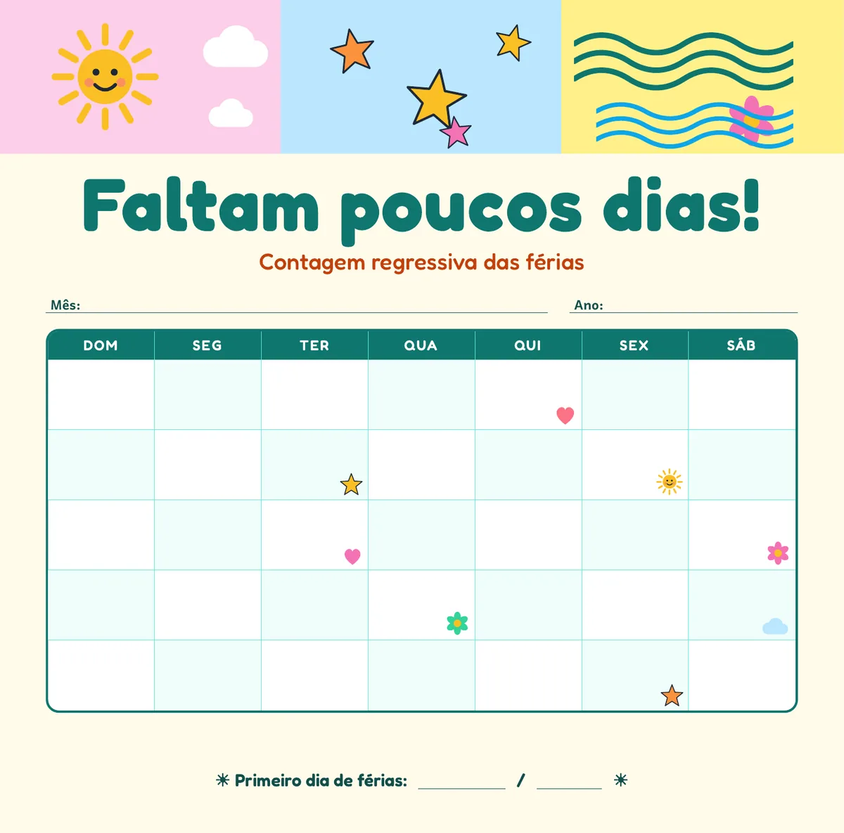 Página real do PDF Faltam Poucos Dias: fundo do mural com o título, o calendário do mês e o campo “Primeiro dia de férias”