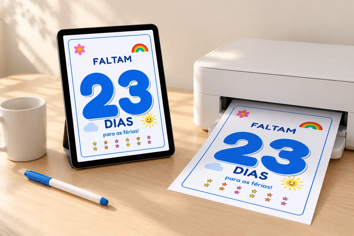 Tablet e celular mostrando o mural em PDF ao lado de uma impressora imprimindo a folha